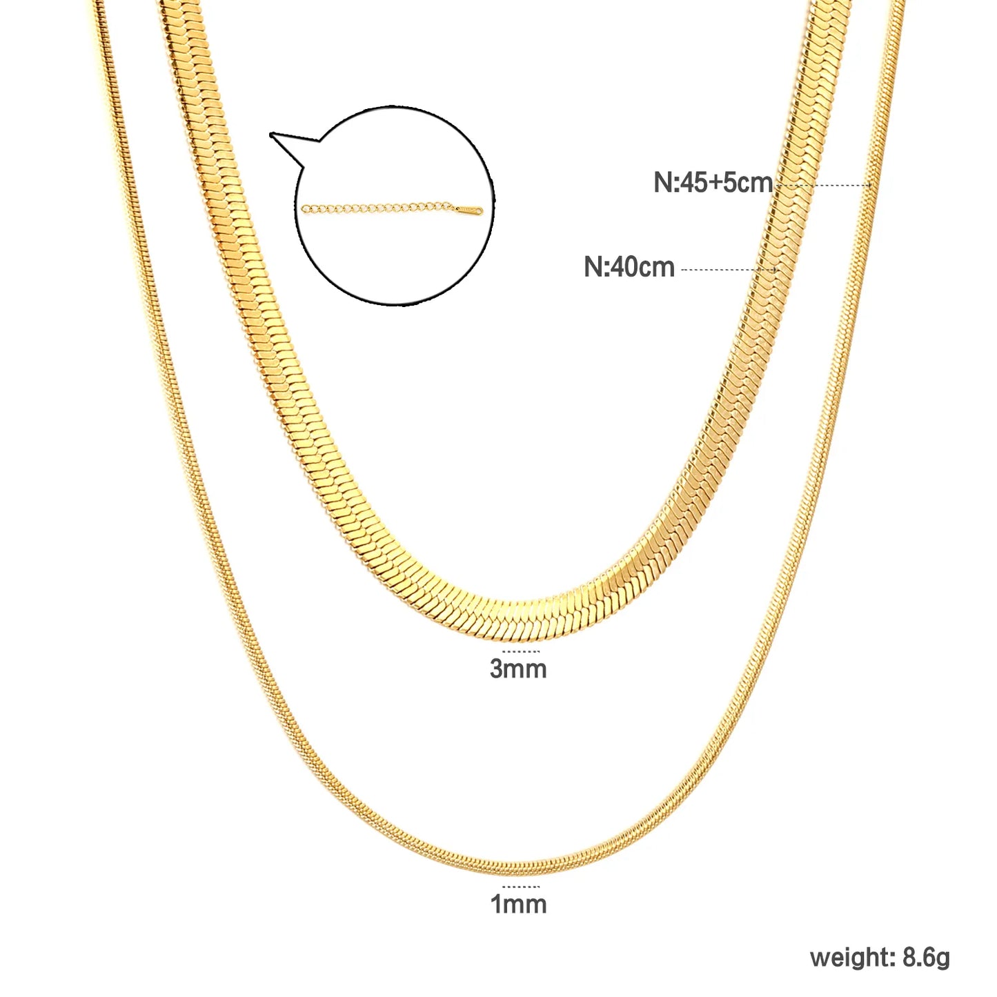 Wholesale Gold/Silver 2-Layer Snake Chain Necklace (3mm+1mm) | 18K Plated | N:40+45+5cm Adjustable