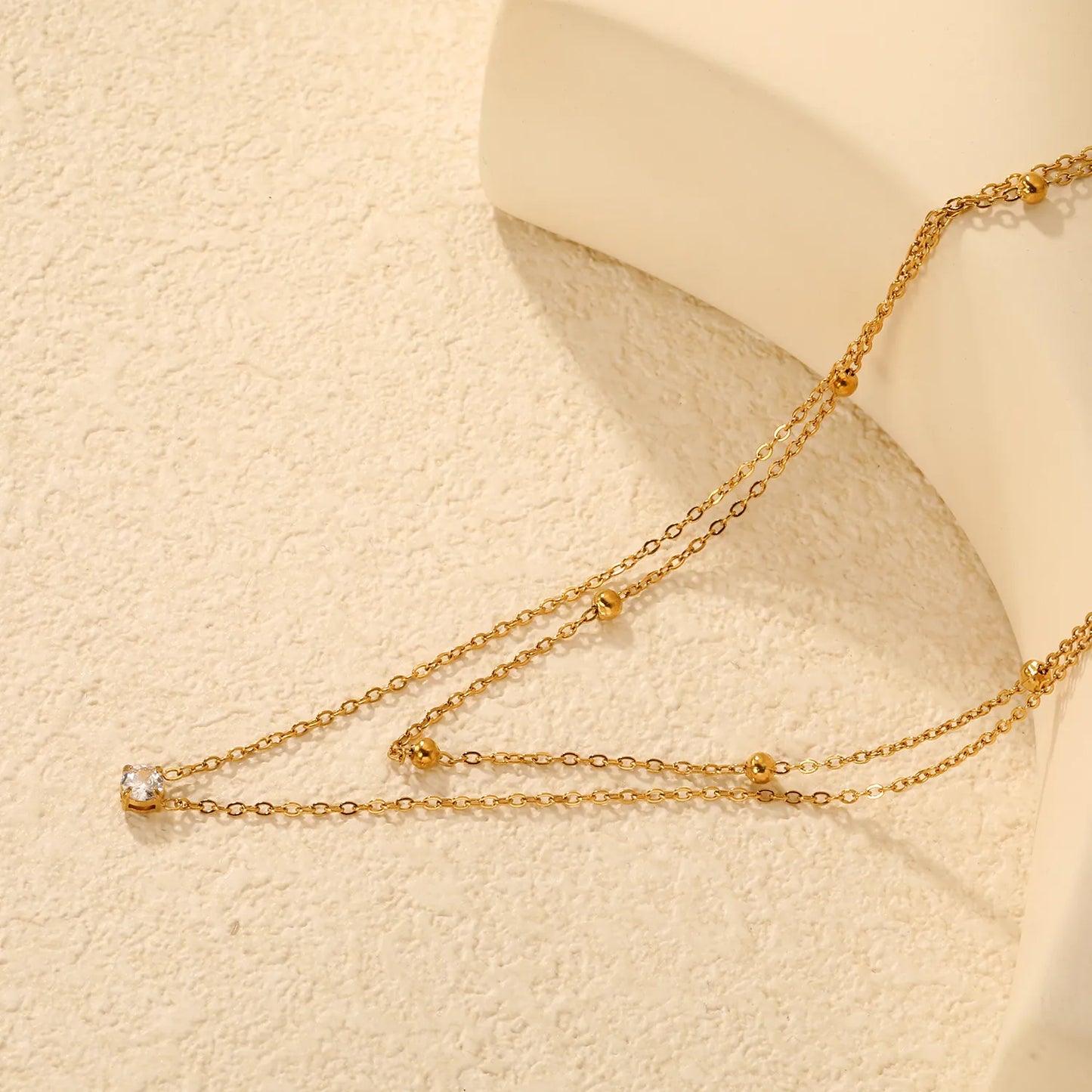 18K Gold Plated 3-Layer Bead & Crystal Necklace | MOQ 12 | Wholesale Bulk Order | 42+25+5cm Adjustable Jewelry