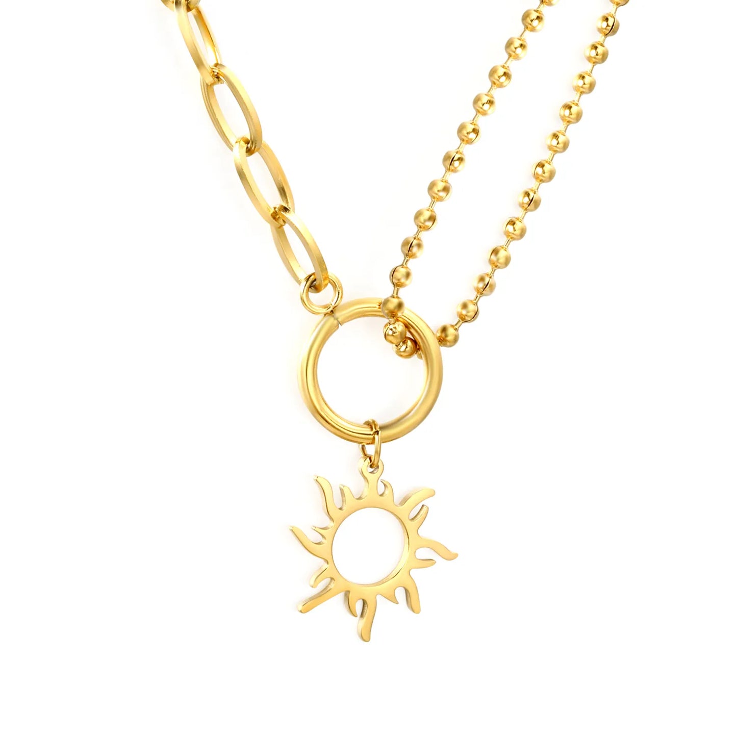2-Layer Chain + 18mm Sun Pendant Necklace |Gold & Silver | MOQ 12 | Wholesale Bulk Order | N:40+5cm Adjustable Jewelry
