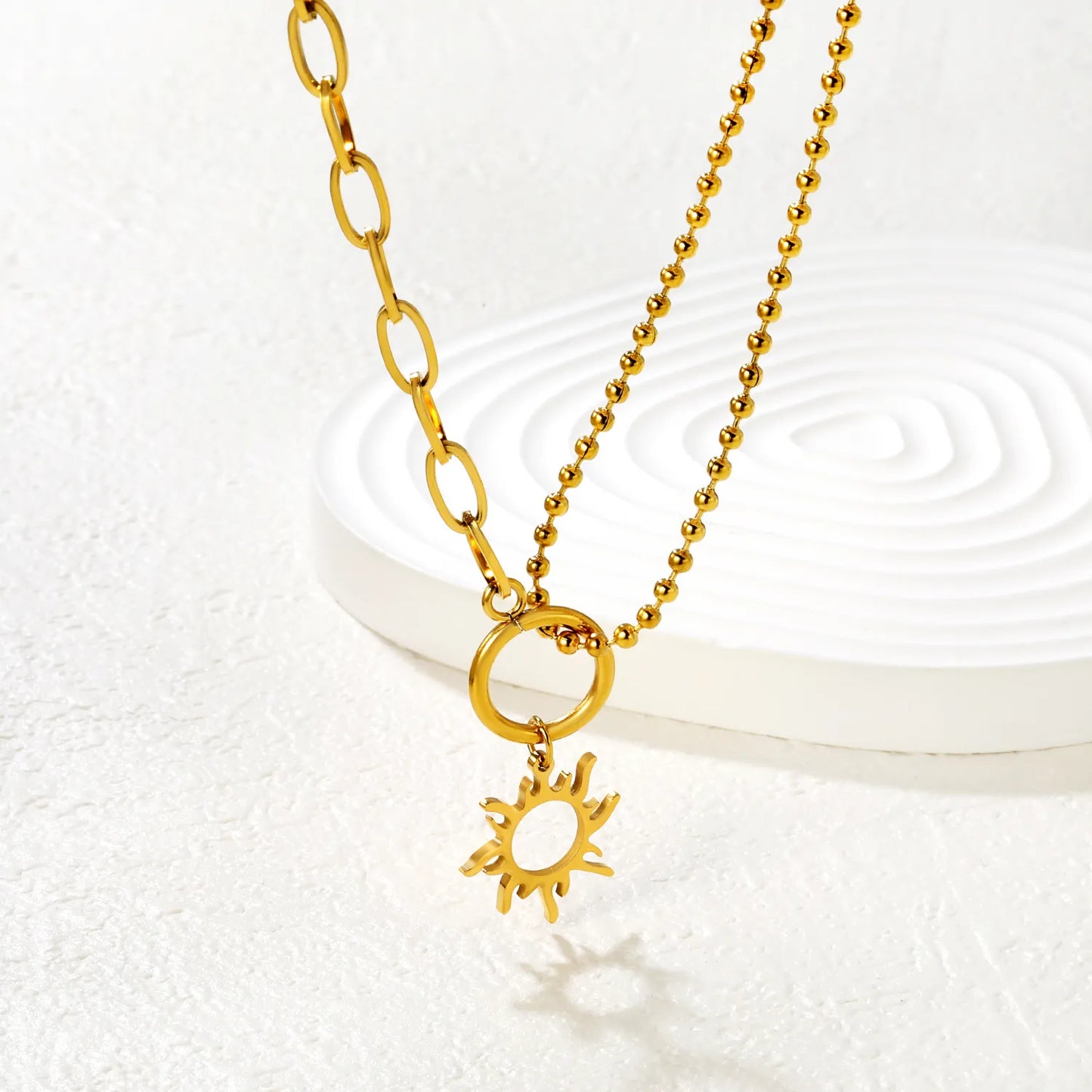 2-Layer Chain + 18mm Sun Pendant Necklace |Gold & Silver | MOQ 12 | Wholesale Bulk Order | N:40+5cm Adjustable Jewelry