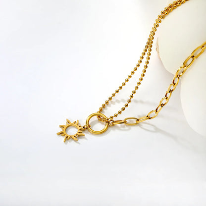 2-Layer Chain + 18mm Sun Pendant Necklace |Gold & Silver | MOQ 12 | Wholesale Bulk Order | N:40+5cm Adjustable Jewelry