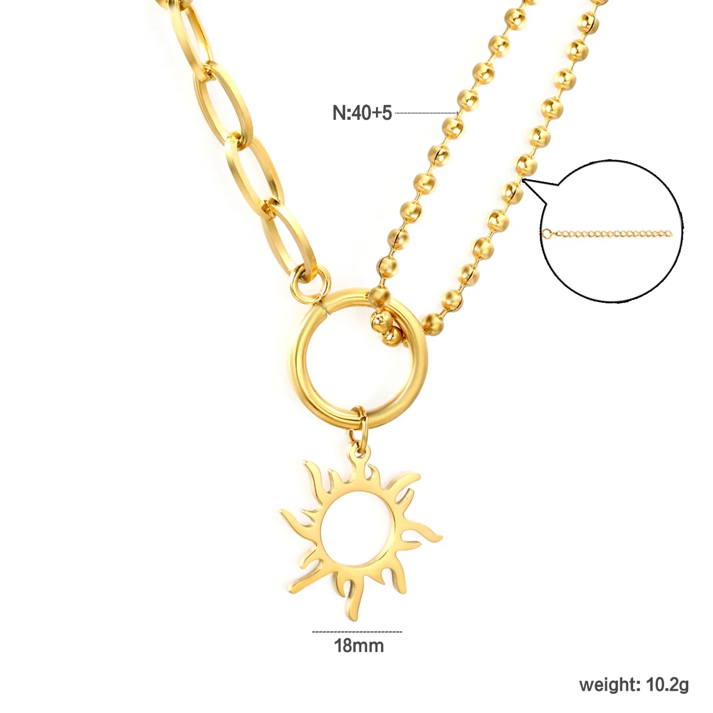 2-Layer Chain + 18mm Sun Pendant Necklace |Gold & Silver | MOQ 12 | Wholesale Bulk Order | N:40+5cm Adjustable Jewelry