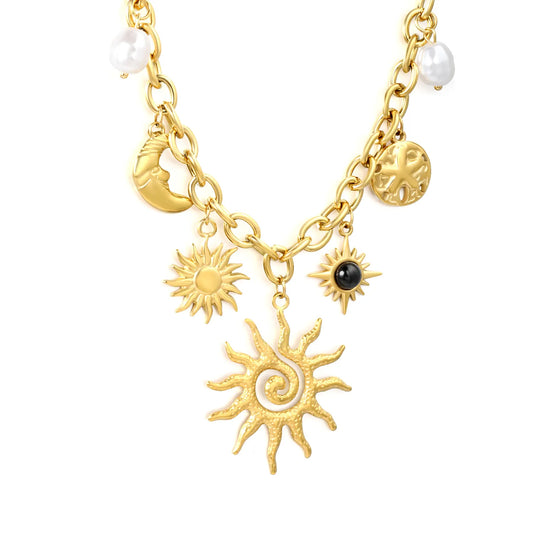 Celestial Charm Necklace (Sun/Moon/Pearl) | MOQ 12 | Wholesale Bulk Order | N:40+5cm Adjustable Jewelry
