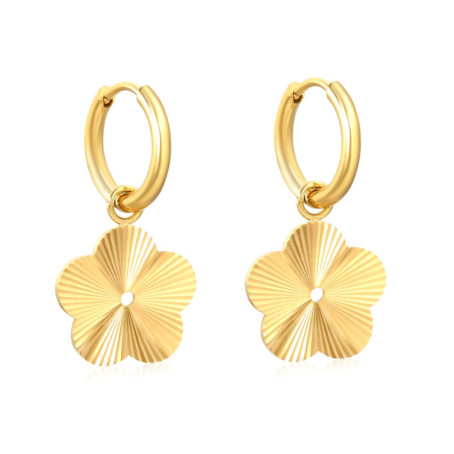 Wholesale Flower Charm Hoop Earrings |18K Gold-Plated | Bulk Order MOQ 12 | 15 mm Charm