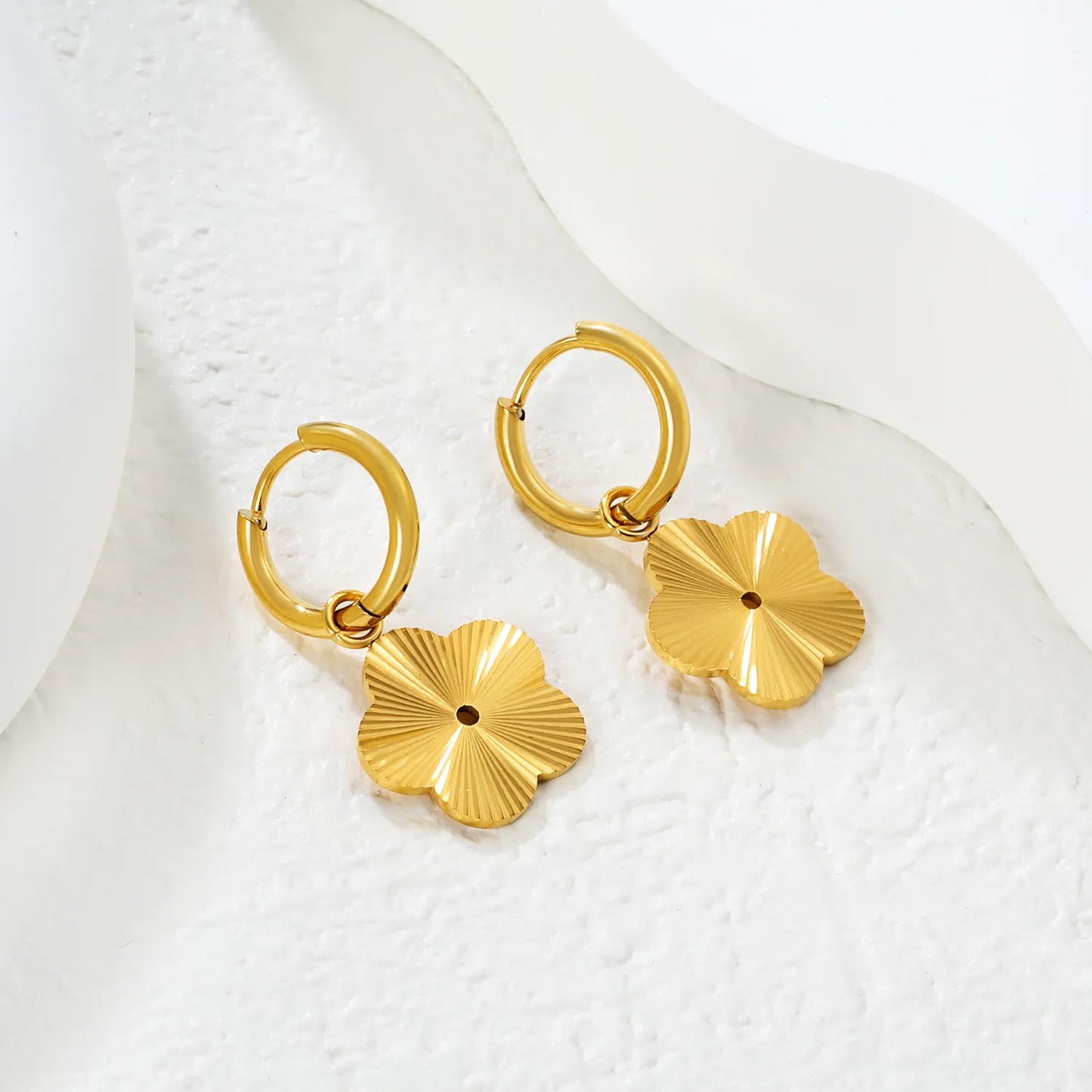Wholesale Flower Charm Hoop Earrings |18K Gold-Plated | Bulk Order MOQ 12 | 15 mm Charm