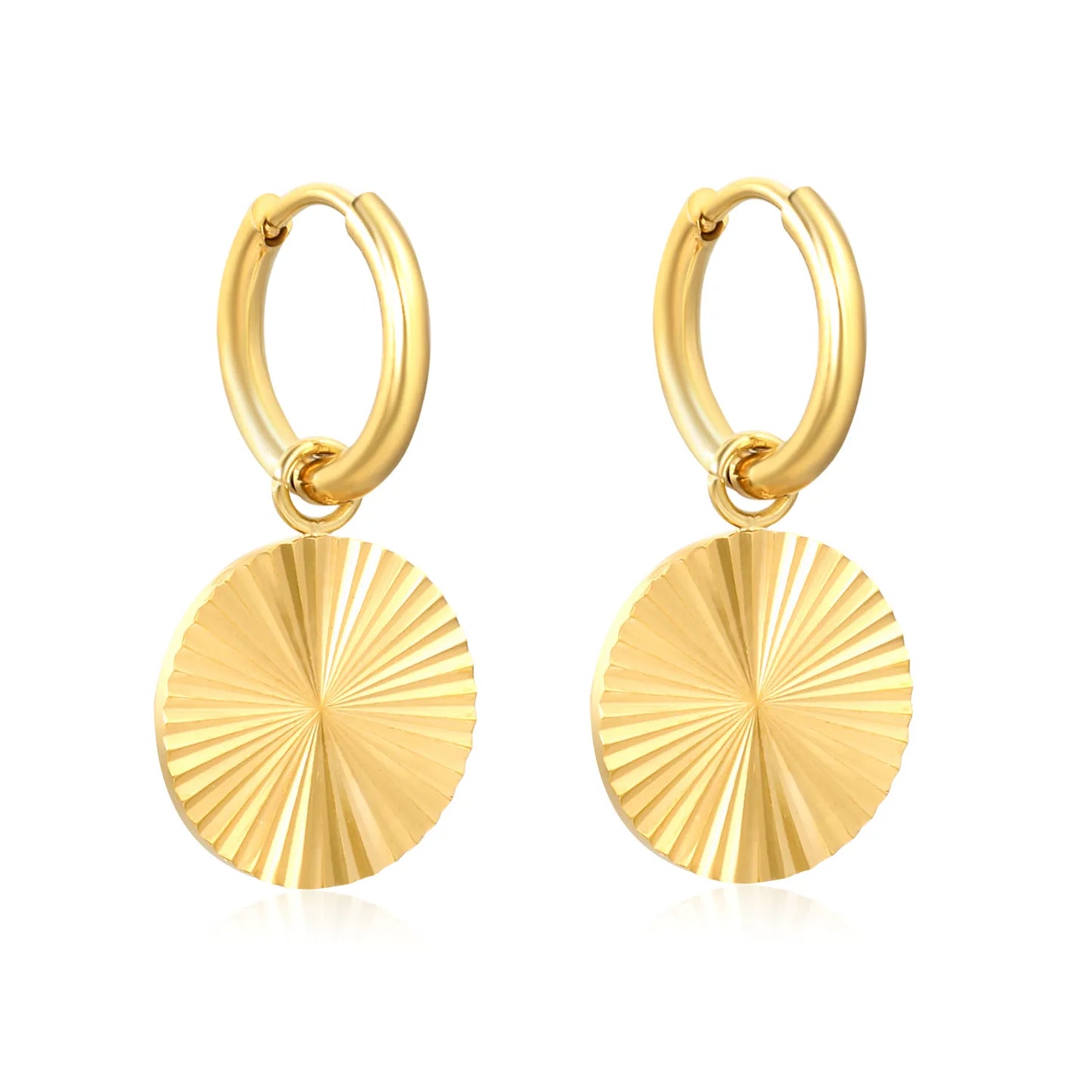 Wholesale Round Disc Hoop Earring |  18K Gold-Plated Finish | 15mm  Charm| 4.4g | MOQ 12