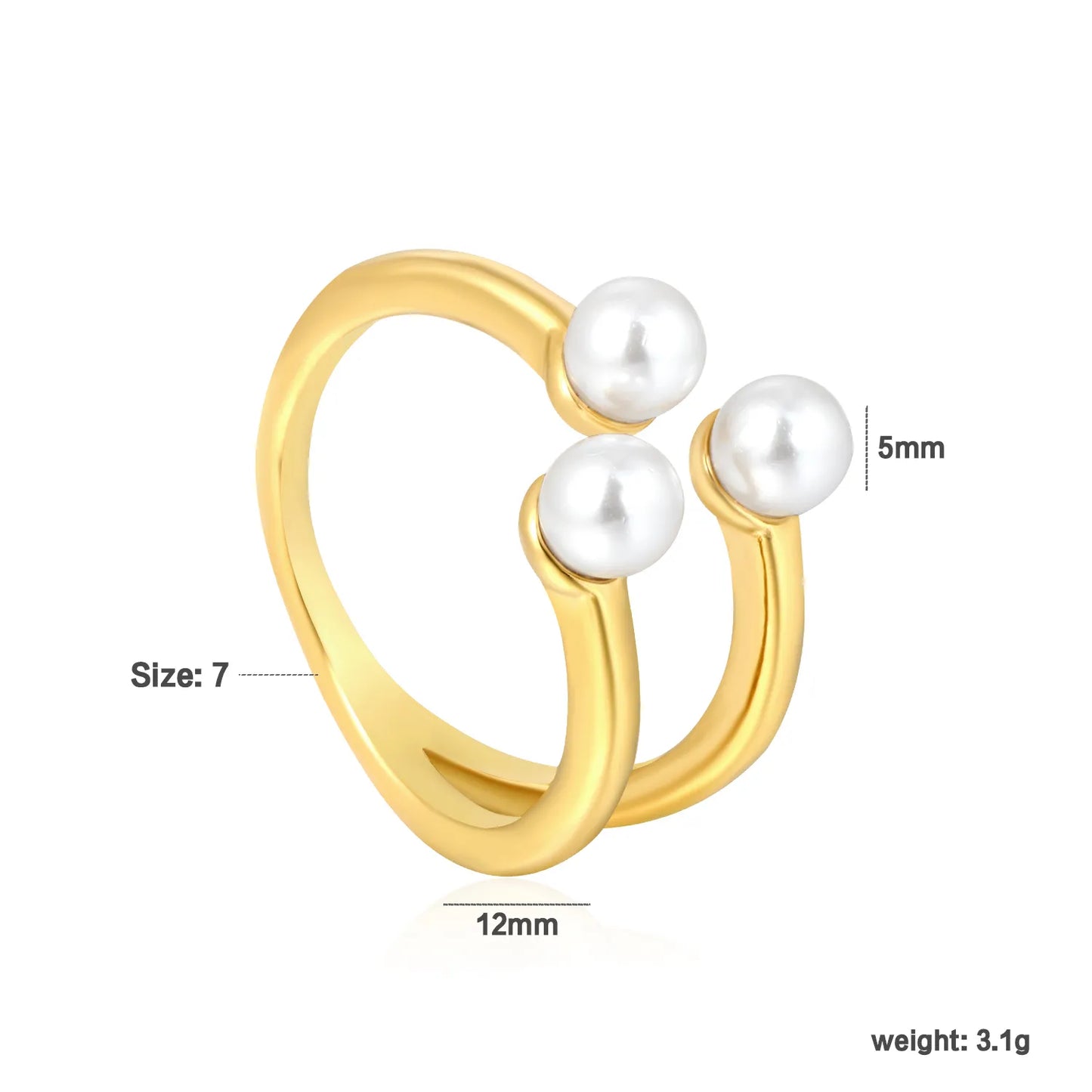 Wholesale Size 7 Two-Tone (Silver/Gold) Triple Pearl Double-Band Ring | Hypoallergenic Stainless Steel | Elegant Minimalist Jewelry