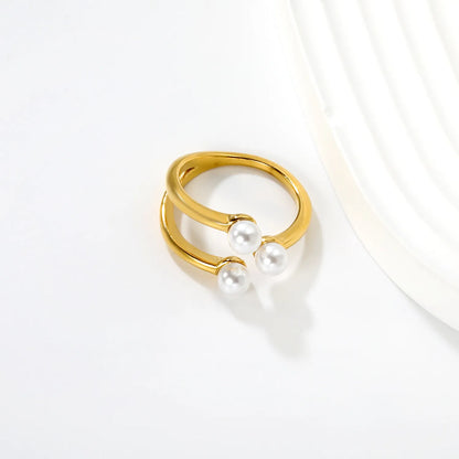 Wholesale Size 7 Two-Tone (Silver/Gold) Triple Pearl Double-Band Ring | Hypoallergenic Stainless Steel | Elegant Minimalist Jewelry