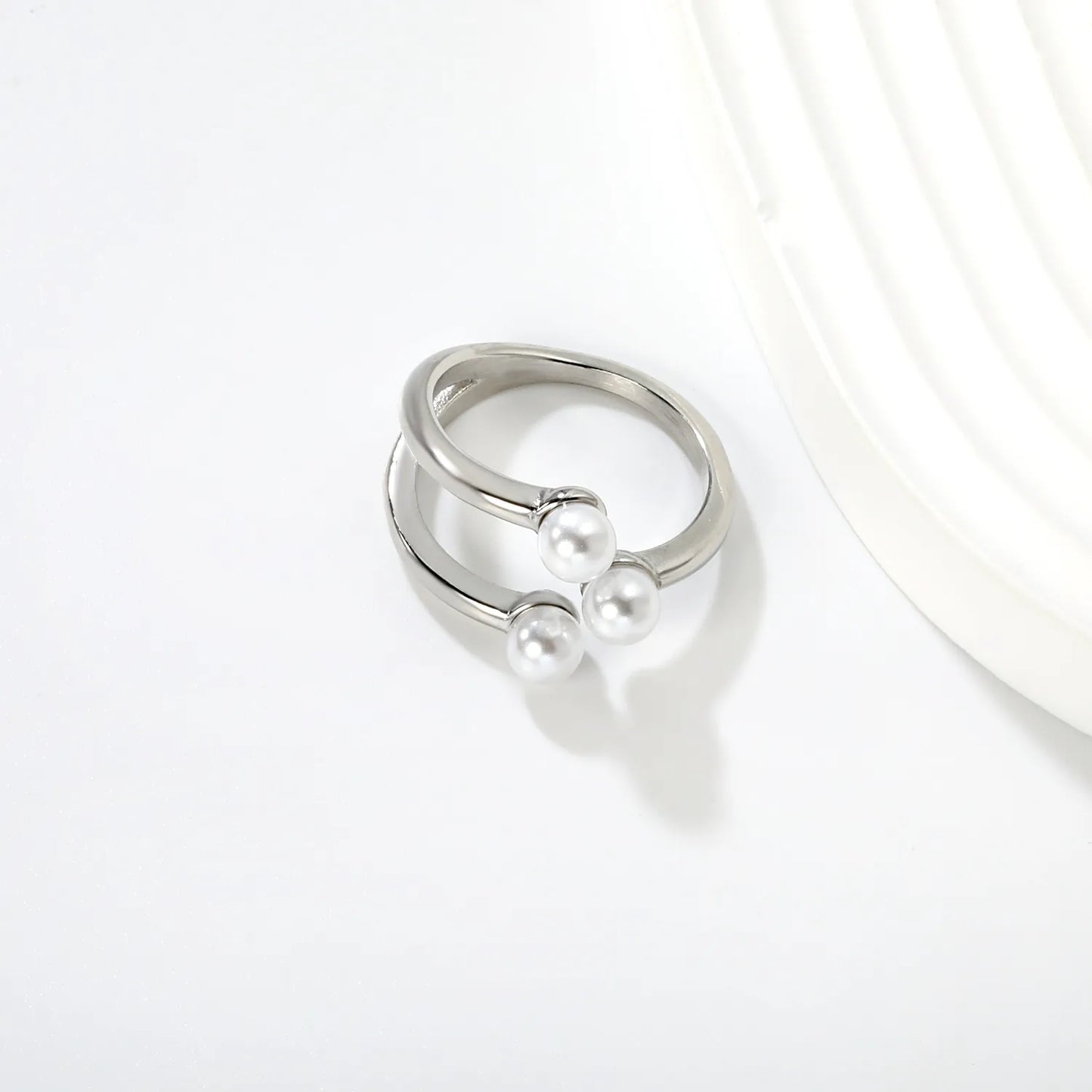 Wholesale Size 7 Two-Tone (Silver/Gold) Triple Pearl Double-Band Ring | Hypoallergenic Stainless Steel | Elegant Minimalist Jewelry