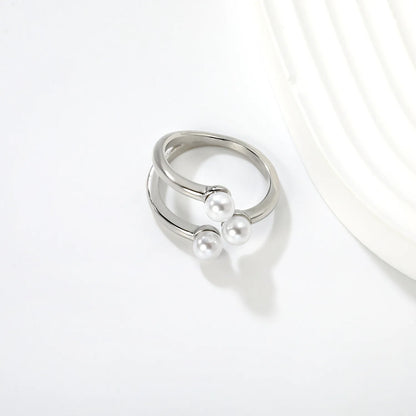 Wholesale Size 7 Two-Tone (Silver/Gold) Triple Pearl Double-Band Ring | Hypoallergenic Stainless Steel | Elegant Minimalist Jewelry
