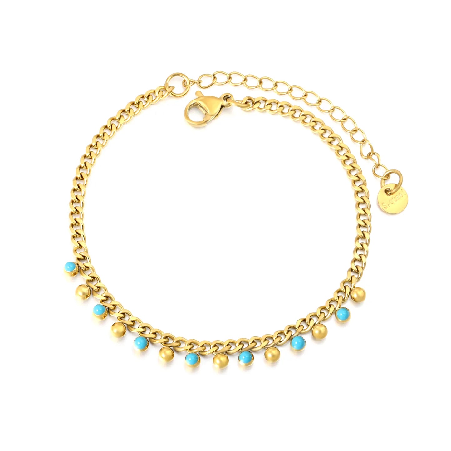Wholesale 17+5cm Gold Turquoise Accent Charm Bracelet | 18K Gold Plated | Stainless Steel Jewelry | MOQ 12