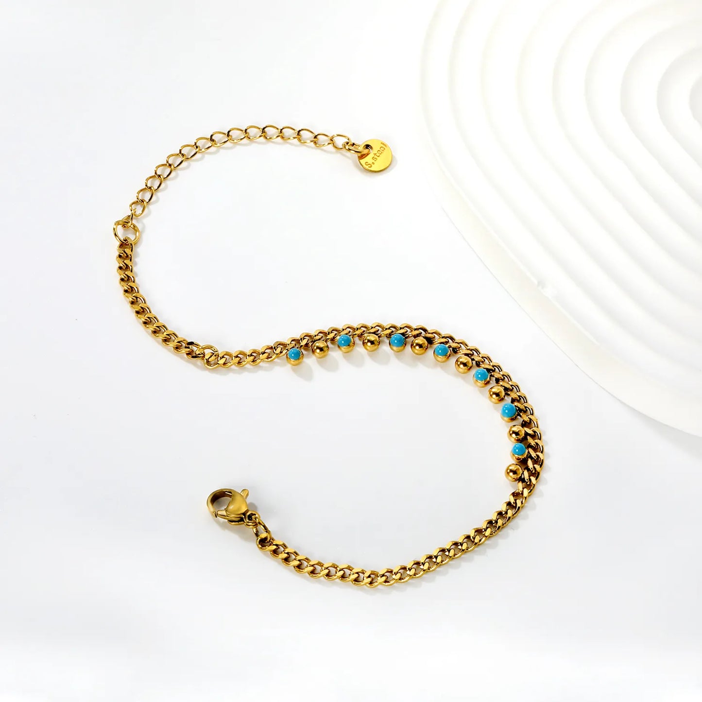 Wholesale 17+5cm Gold Turquoise Accent Charm Bracelet | 18K Gold Plated | Stainless Steel Jewelry | MOQ 12