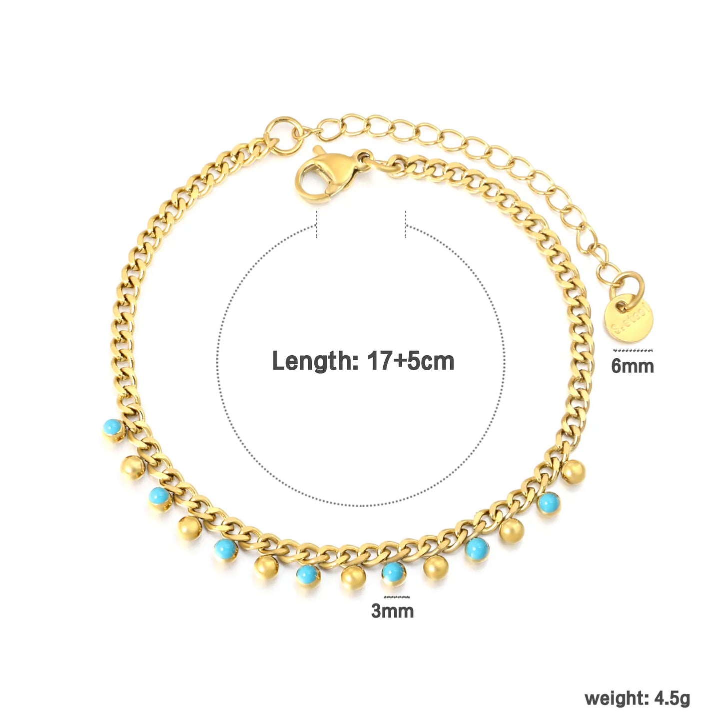 Wholesale 17+5cm Gold Turquoise Accent Charm Bracelet | 18K Gold Plated | Stainless Steel Jewelry | MOQ 12
