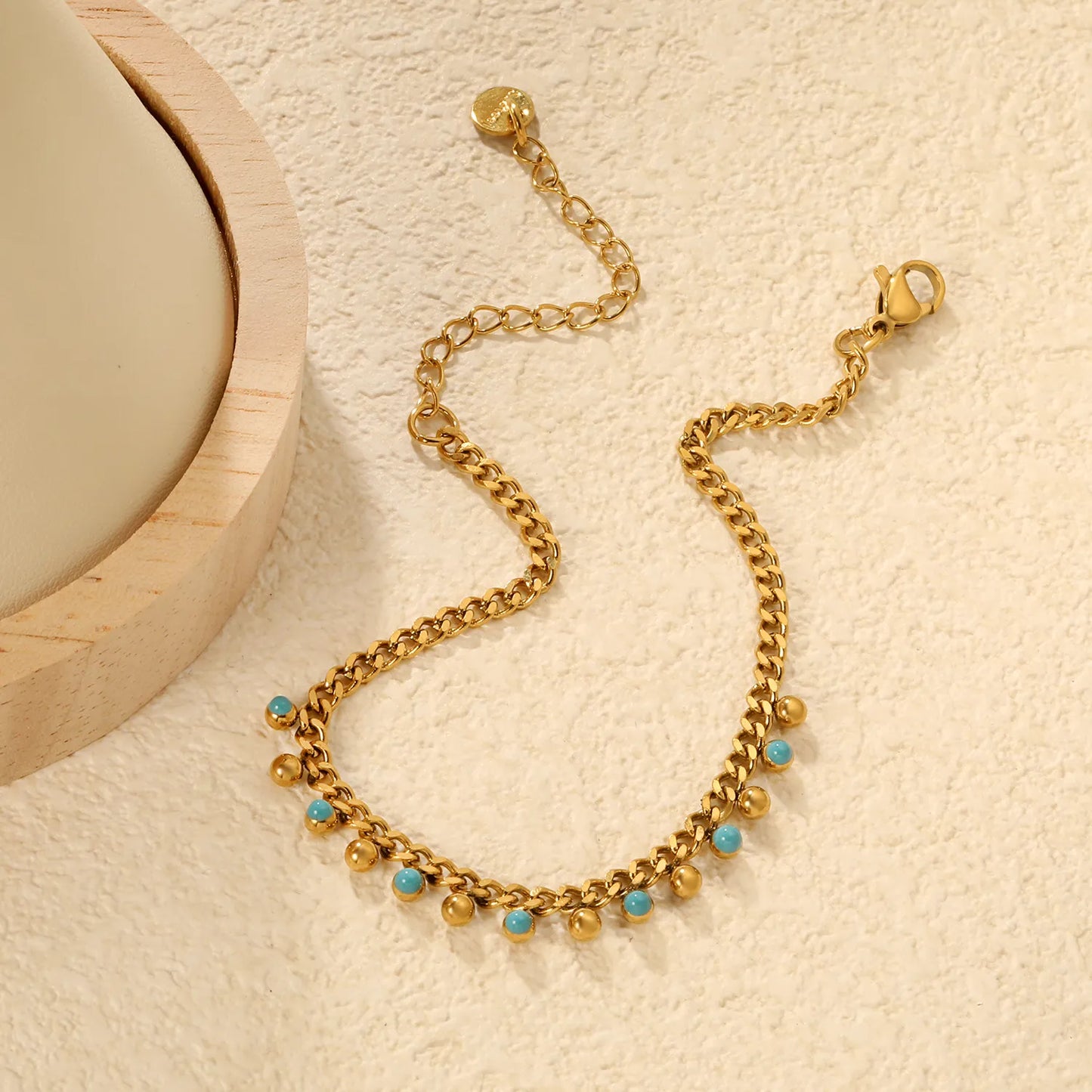 Wholesale 17+5cm Gold Turquoise Accent Charm Bracelet | 18K Gold Plated | Stainless Steel Jewelry | MOQ 12