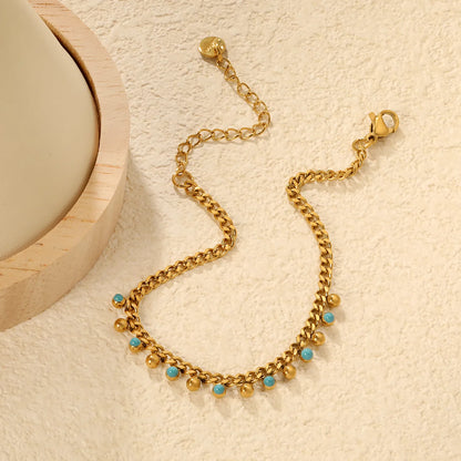 Wholesale 17+5cm Gold Turquoise Accent Charm Bracelet | 18K Gold Plated | Stainless Steel Jewelry | MOQ 12