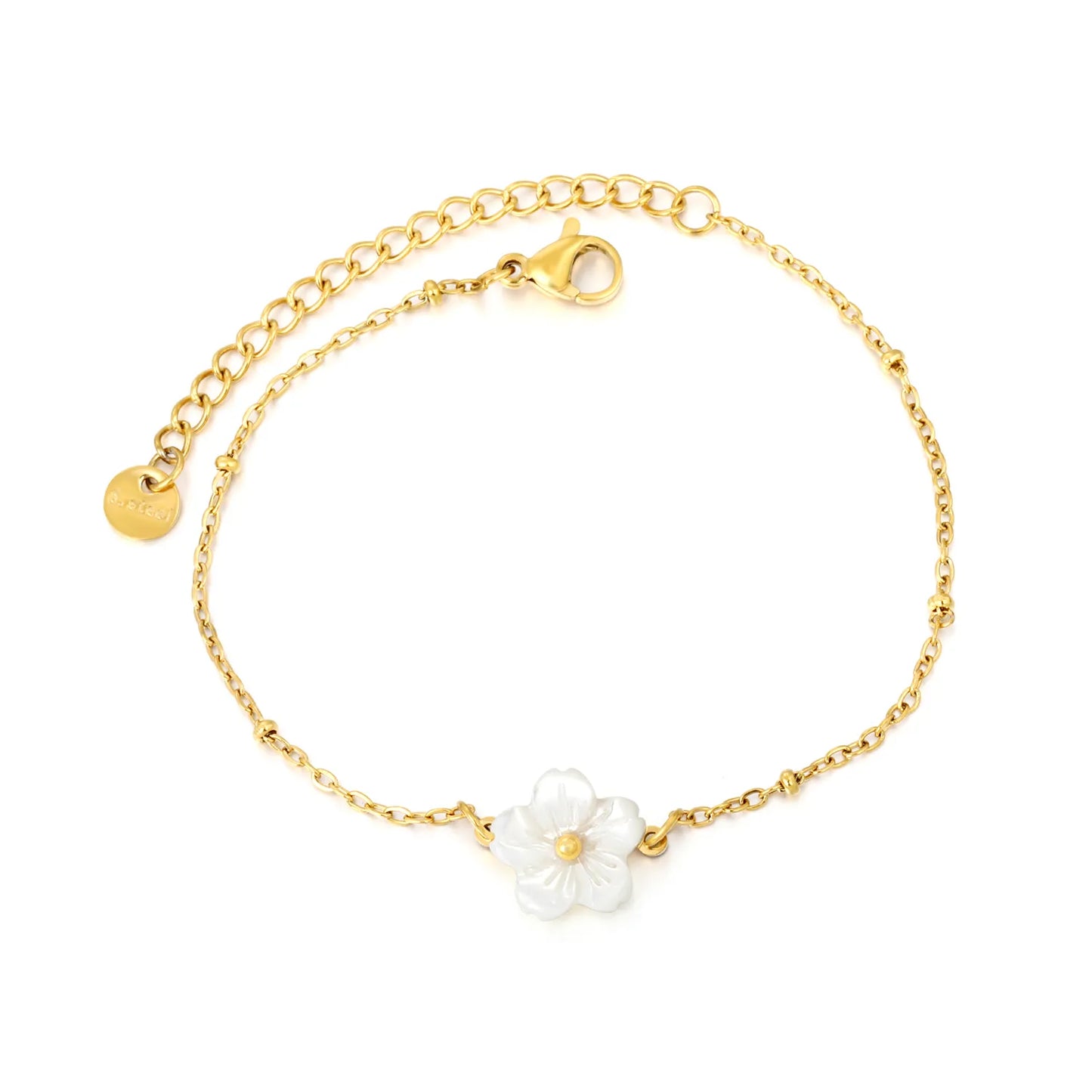 Wholesale Bulk Order Gold White Flower Charm Bracelet | MOQ 12 | 18K Gold Plated Adjustable Dainty Jewelry
