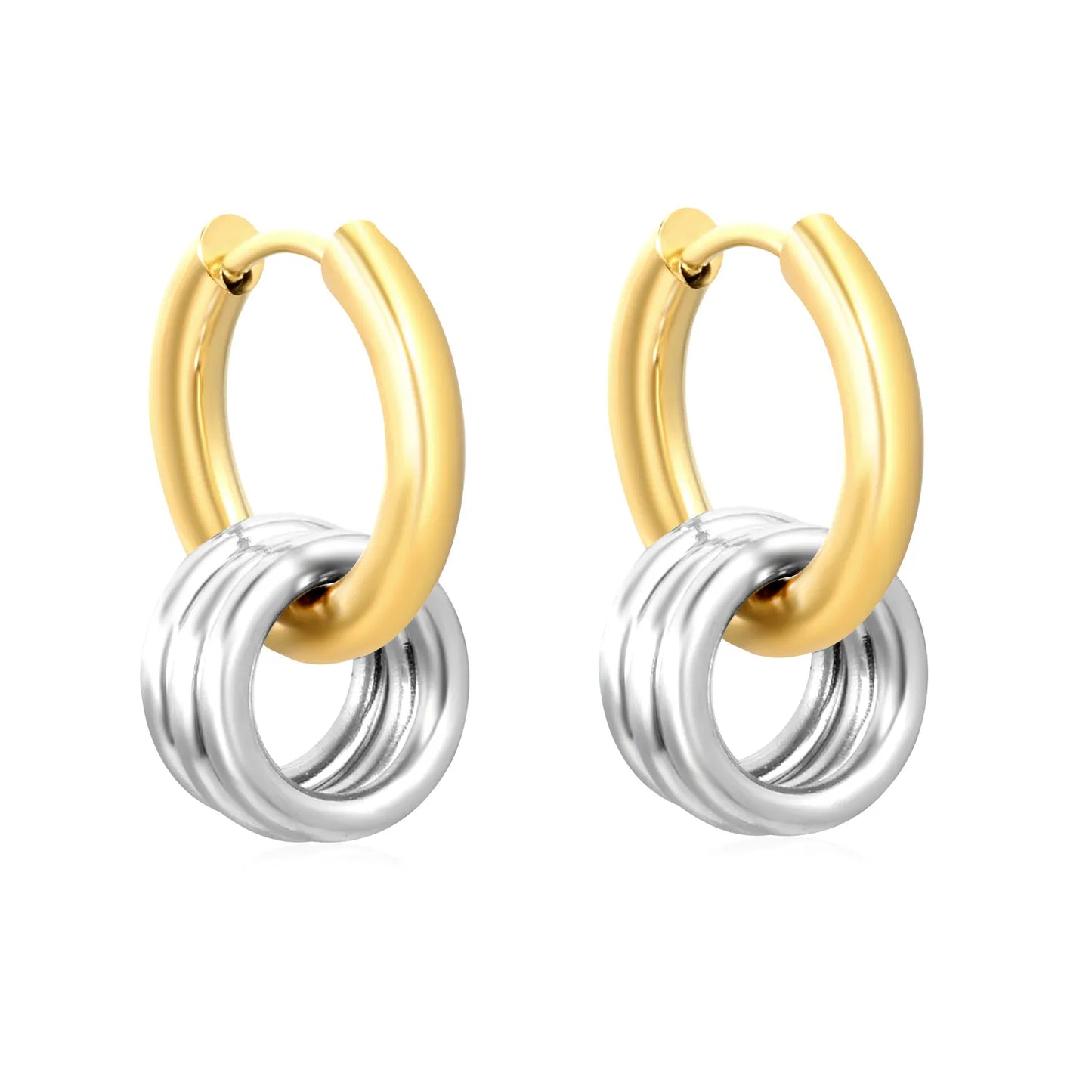 Wholesale 3×12mm & 2×12mm Two-Tone Linked Hoop Earrings | 18K Gold Plated Dual-Layer Design | Hypoallergenic Surgical Steel | Trendy Minimalist Jewelry