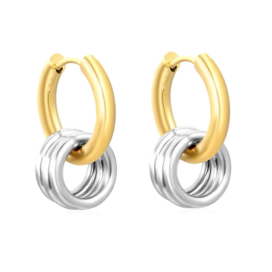 Wholesale 3×12mm & 2×12mm Two-Tone Linked Hoop Earrings | 18K Gold Plated Dual-Layer Design | Hypoallergenic Surgical Steel | Trendy Minimalist Jewelry