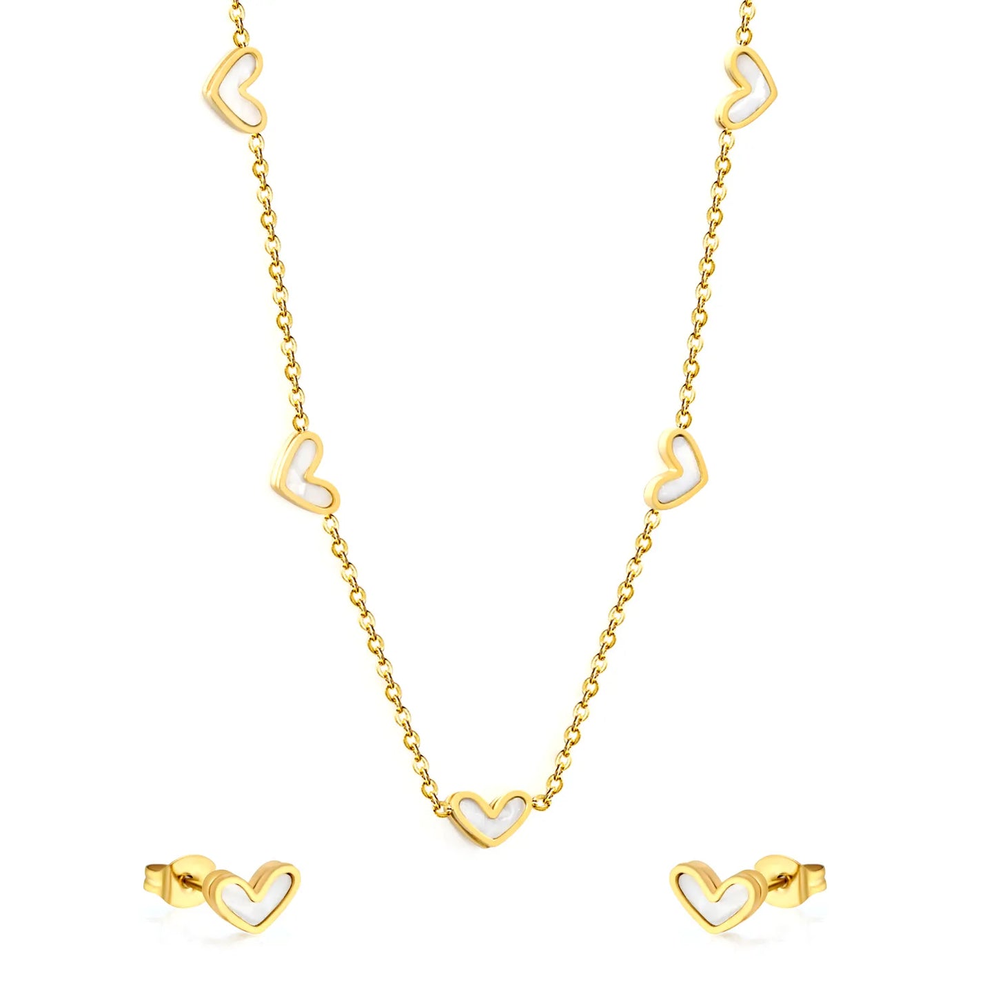 Wholesale Bulk Order 42+5cm Gold White Heart Necklace & Earring Set | MOQ 12 | 18K Gold Plated Jewelry Set