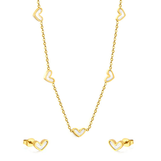 Wholesale Bulk Order 42+5cm Gold White Heart Necklace & Earring Set | MOQ 12 | 18K Gold Plated Jewelry Set
