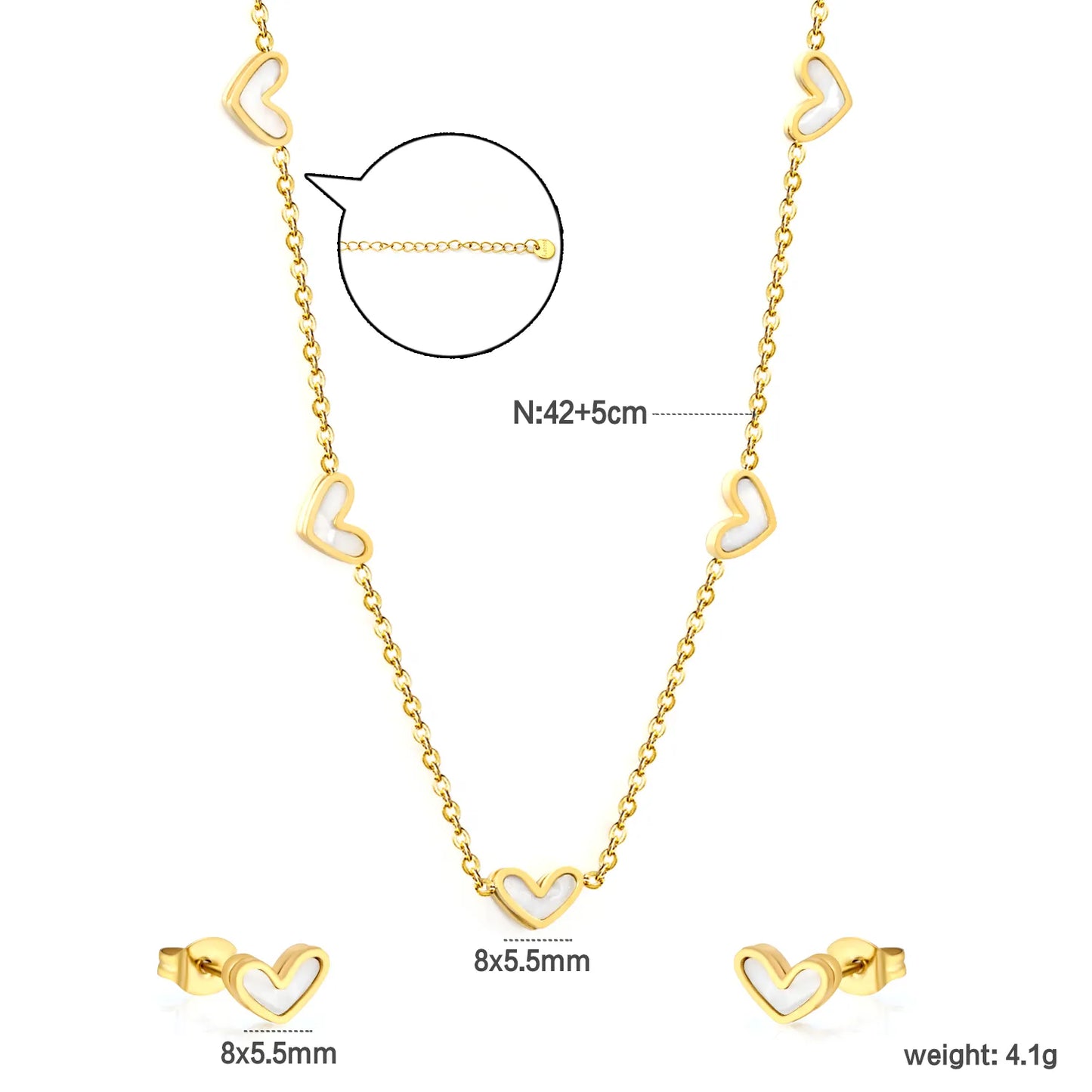 Wholesale Bulk Order 42+5cm Gold White Heart Necklace & Earring Set | MOQ 12 | 18K Gold Plated Jewelry Set