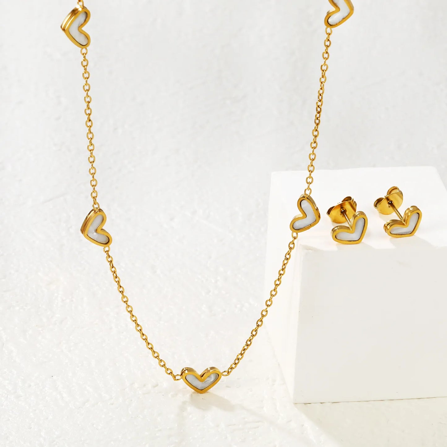 Wholesale Bulk Order 42+5cm Gold White Heart Necklace & Earring Set | MOQ 12 | 18K Gold Plated Jewelry Set