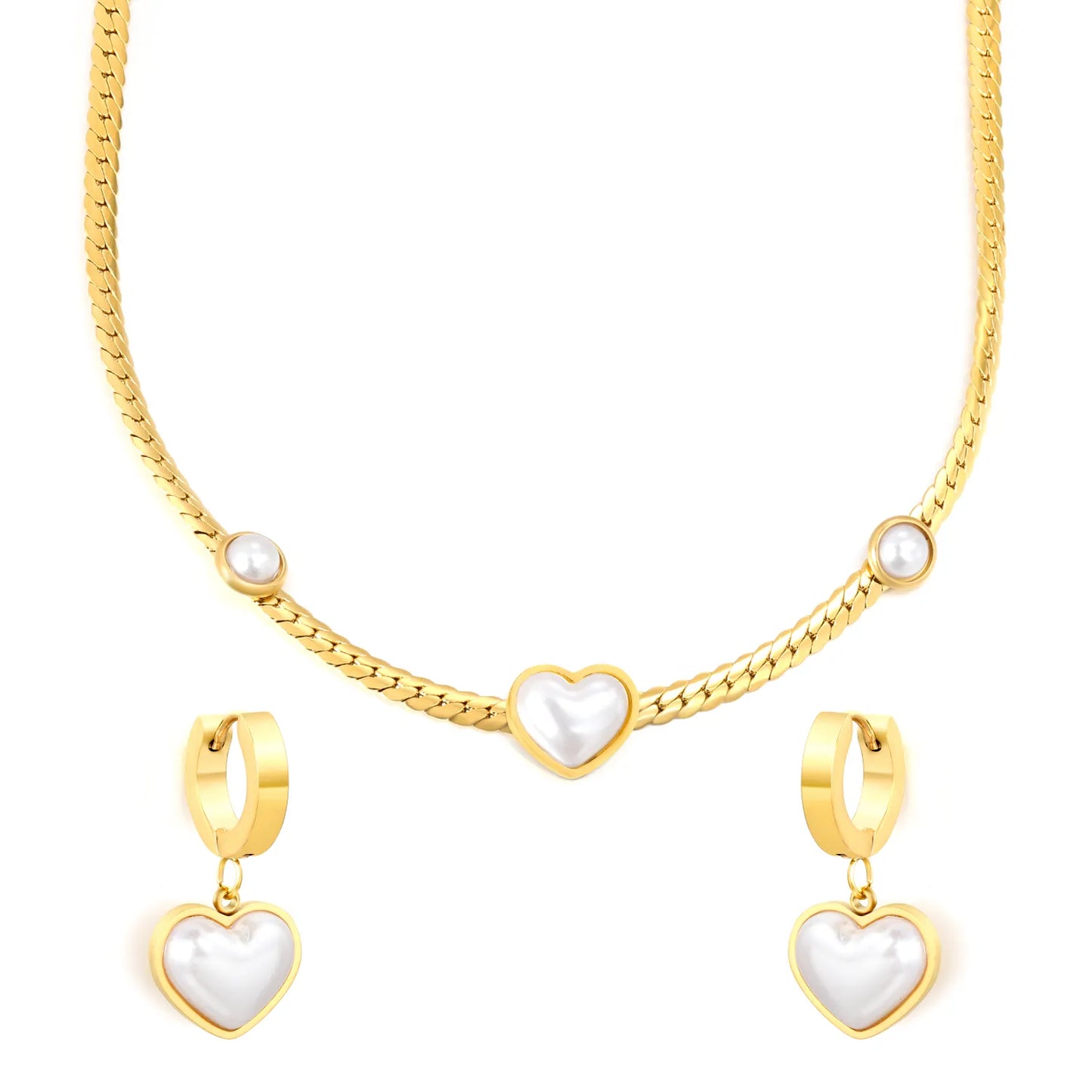 Pearl Heart Necklace & Hoop Earring Set | Wholesale Bulk Order | 18K Gold Plated | 40+5cm | MOQ 12 | Stainless Steel Jewelry Set