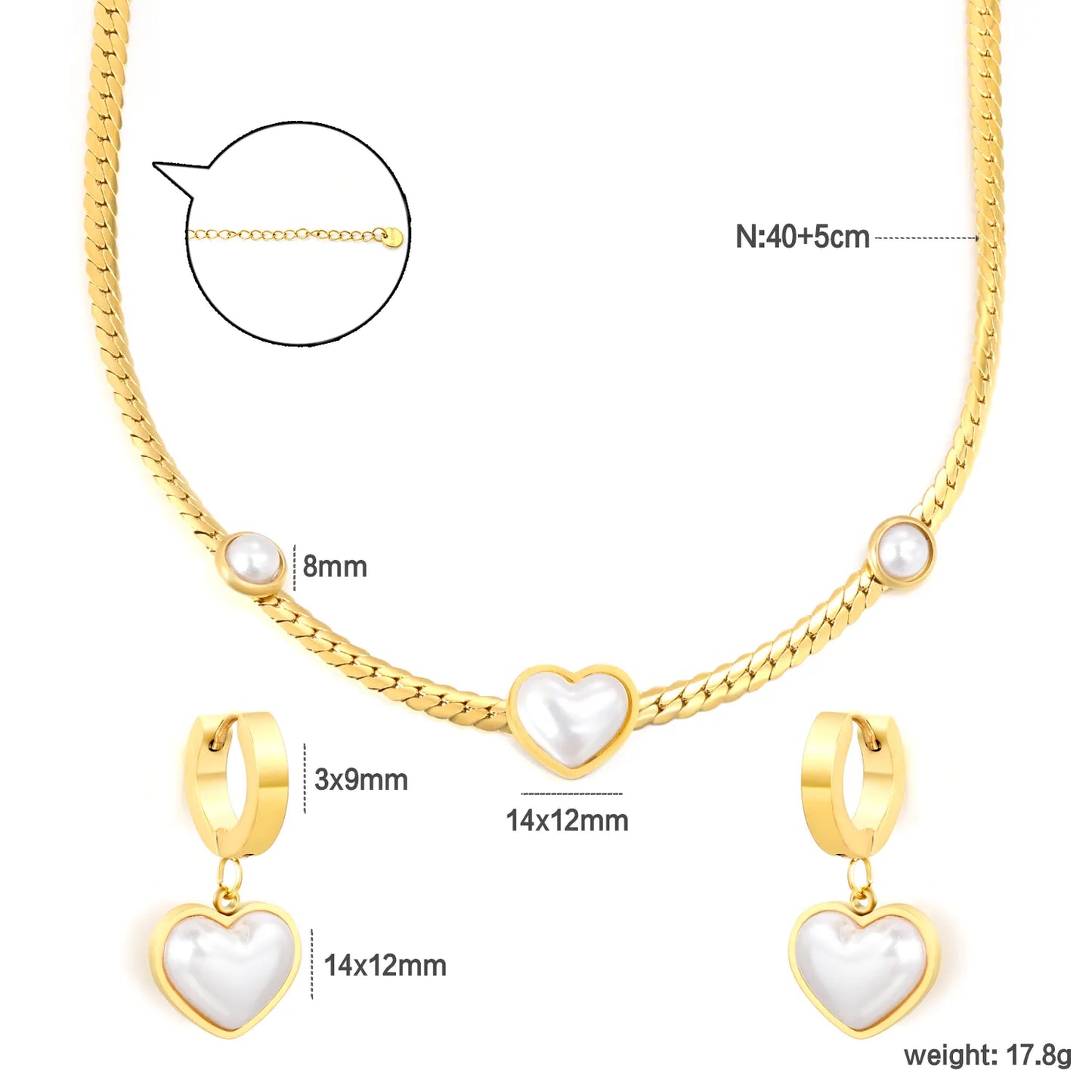 Pearl Heart Necklace & Hoop Earring Set | Wholesale Bulk Order | 18K Gold Plated | 40+5cm | MOQ 12 | Stainless Steel Jewelry Set