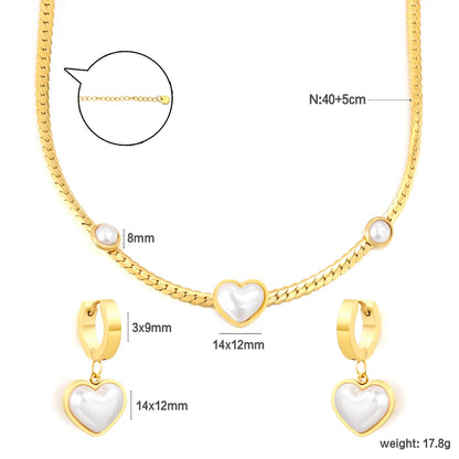 Pearl Heart Necklace & Hoop Earring Set | Wholesale Bulk Order | 18K Gold Plated | 40+5cm | MOQ 12 | Stainless Steel Jewelry Set