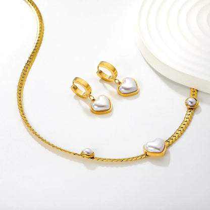 Pearl Heart Necklace & Hoop Earring Set | Wholesale Bulk Order | 18K Gold Plated | 40+5cm | MOQ 12 | Stainless Steel Jewelry Set