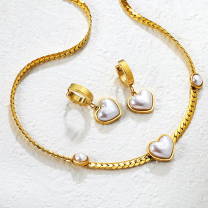Pearl Heart Necklace & Hoop Earring Set | Wholesale Bulk Order | 18K Gold Plated | 40+5cm | MOQ 12 | Stainless Steel Jewelry Set