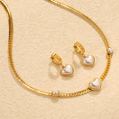 Pearl Heart Necklace & Hoop Earring Set | Wholesale Bulk Order | 18K Gold Plated | 40+5cm | MOQ 12 | Stainless Steel Jewelry Set
