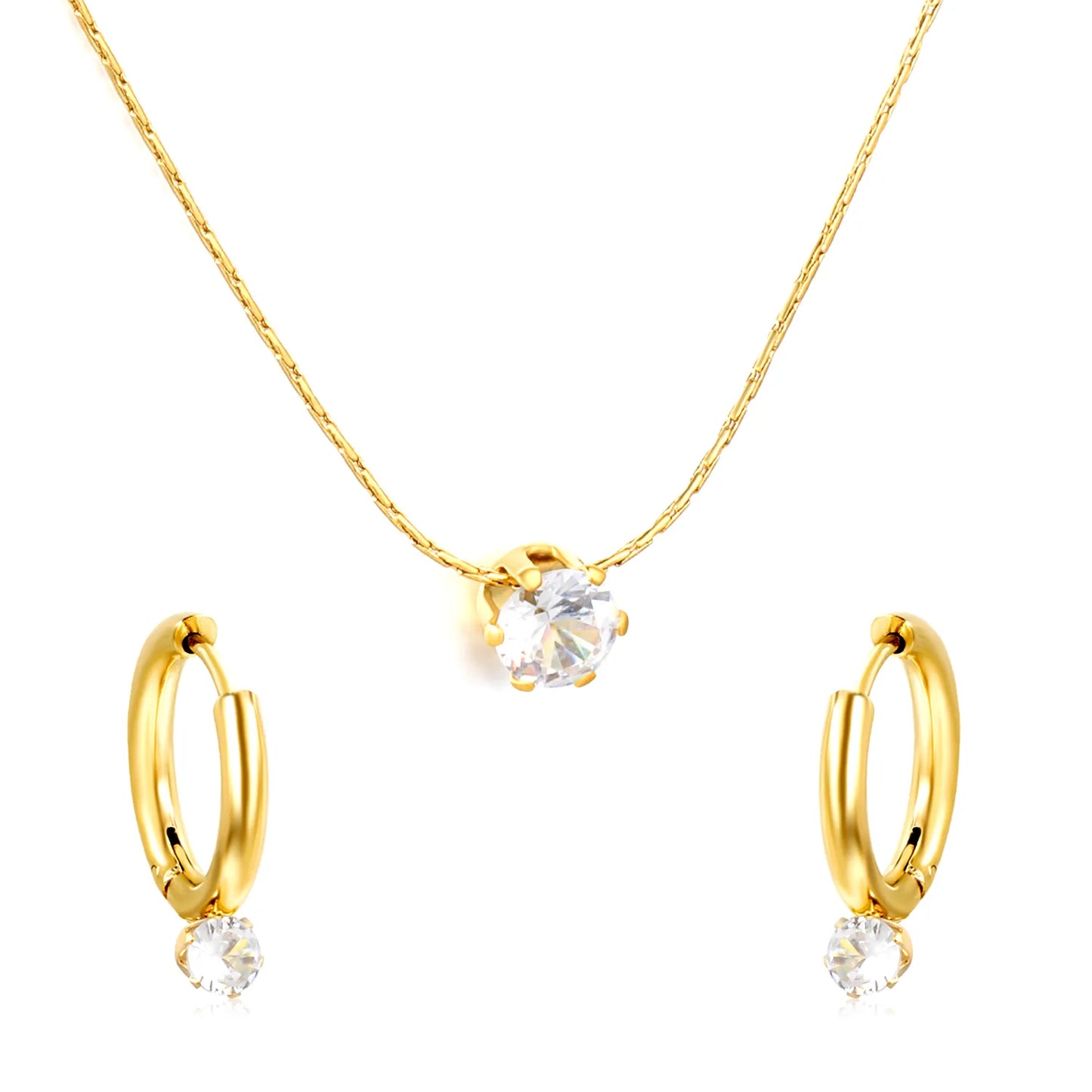 Wholesale Bulk Order 40+5cm 18K Gold Plated Crystal Necklace & Hoop Earring Set | MOQ 12 | Stainless Steel Jewelry Set