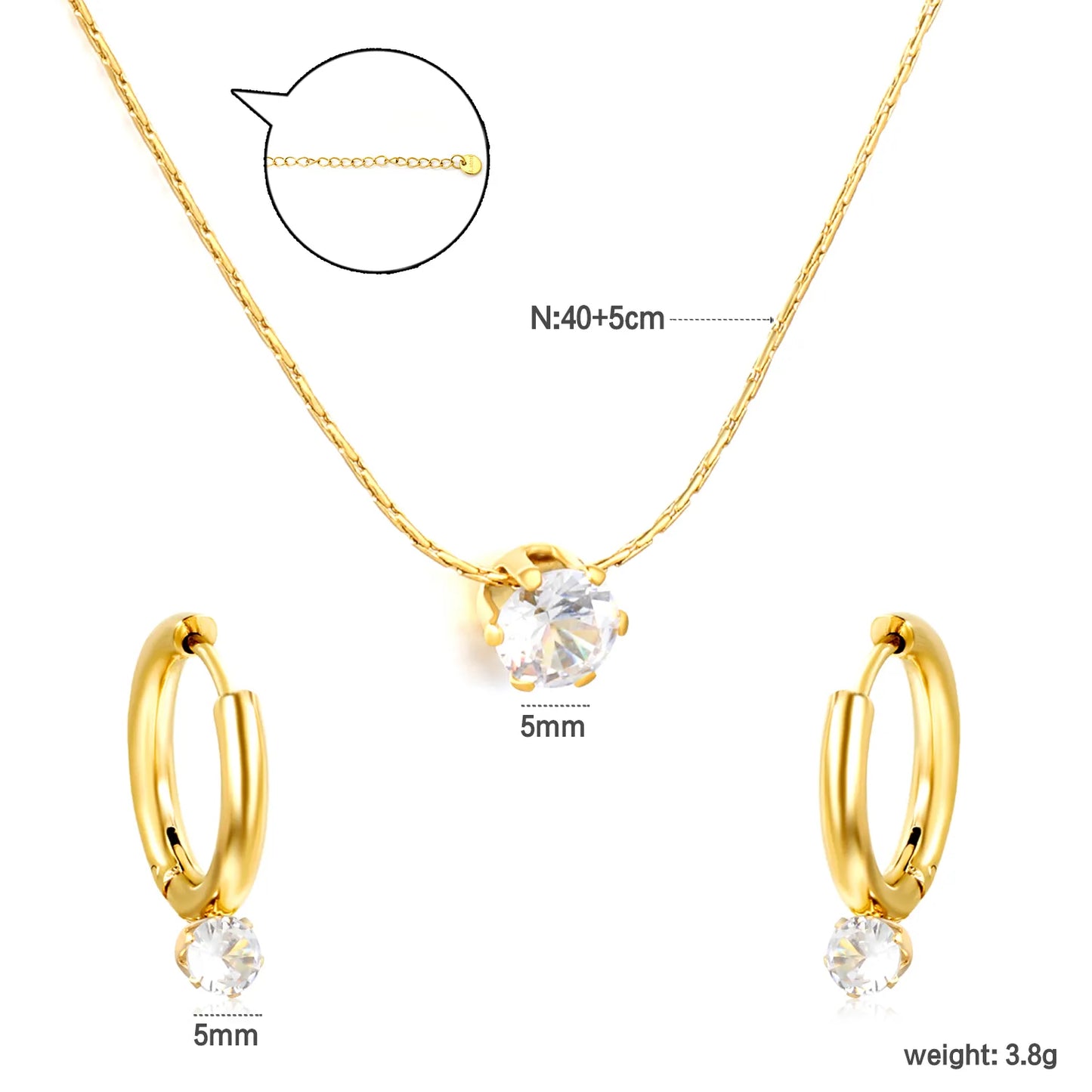 Wholesale Bulk Order 40+5cm 18K Gold Plated Crystal Necklace & Hoop Earring Set | MOQ 12 | Stainless Steel Jewelry Set