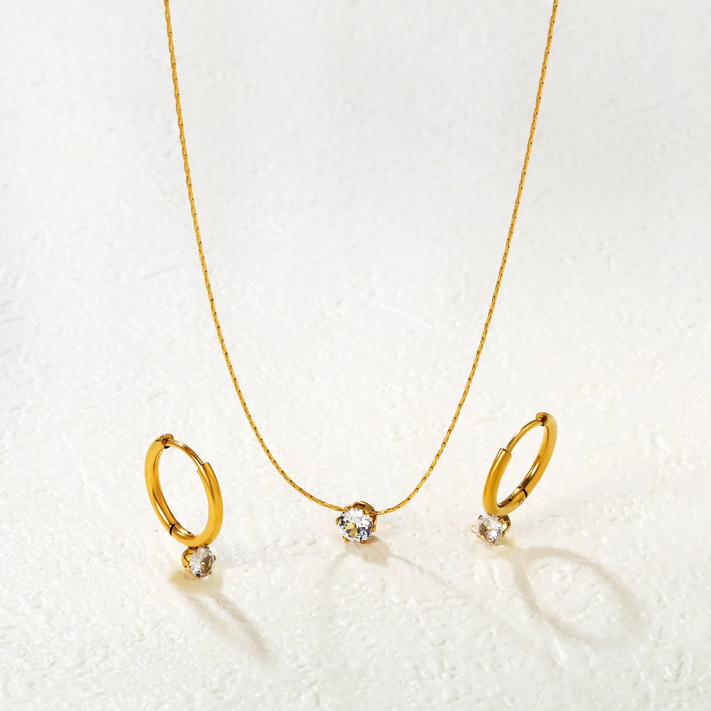 Wholesale Bulk Order 40+5cm 18K Gold Plated Crystal Necklace & Hoop Earring Set | MOQ 12 | Stainless Steel Jewelry Set