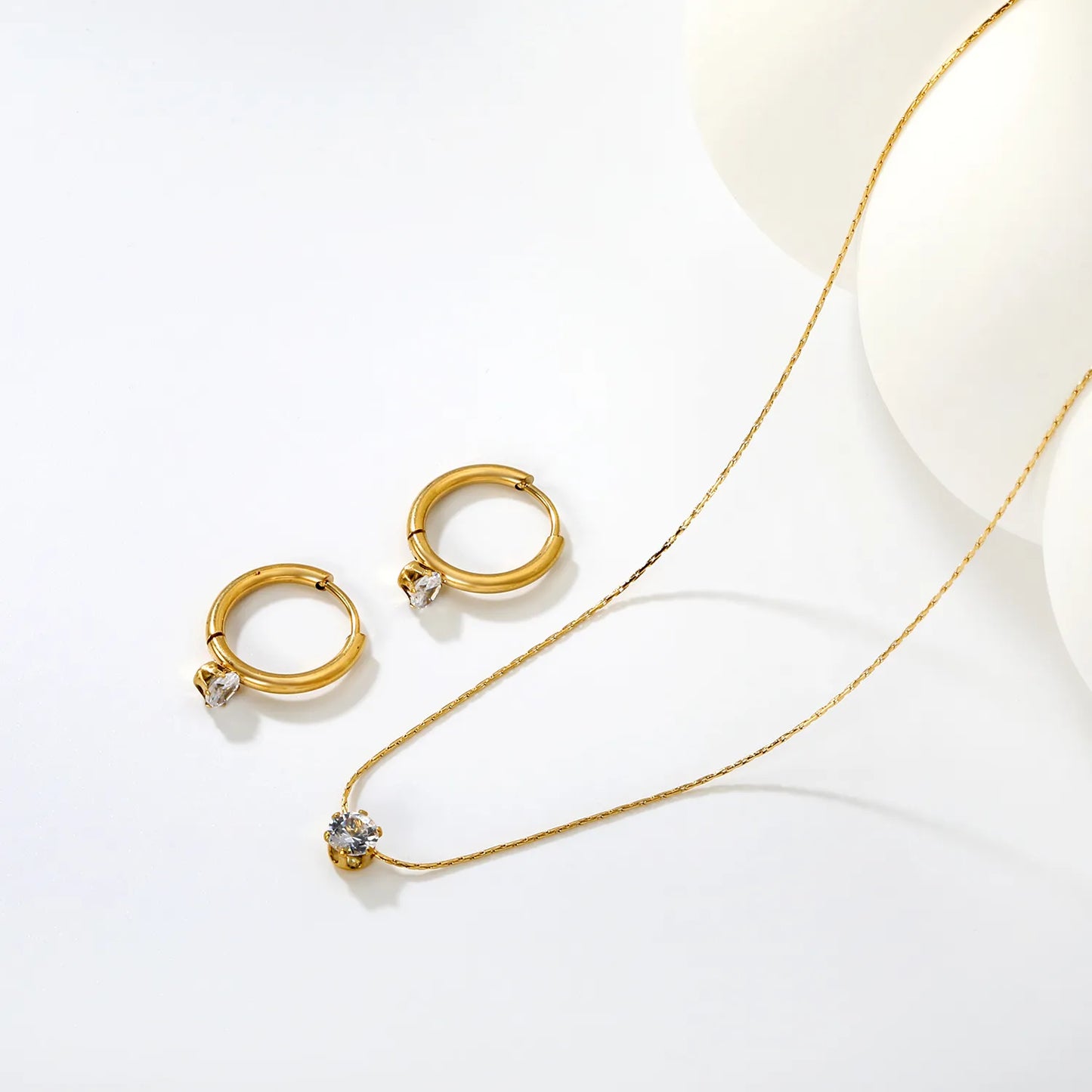 Wholesale Bulk Order 40+5cm 18K Gold Plated Crystal Necklace & Hoop Earring Set | MOQ 12 | Stainless Steel Jewelry Set