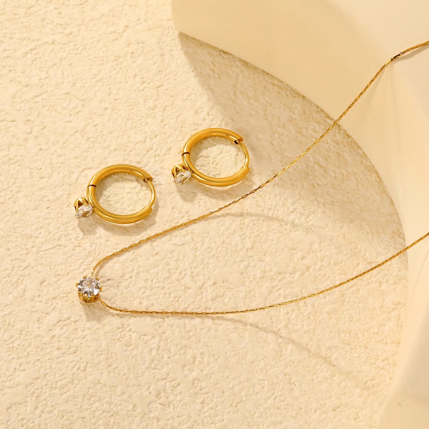 Wholesale Bulk Order 40+5cm 18K Gold Plated Crystal Necklace & Hoop Earring Set | MOQ 12 | Stainless Steel Jewelry Set