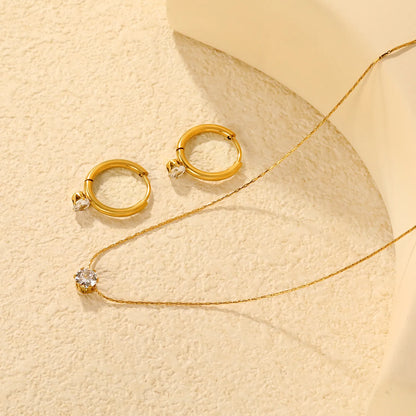Wholesale Bulk Order 40+5cm 18K Gold Plated Crystal Necklace & Hoop Earring Set | MOQ 12 | Stainless Steel Jewelry Set