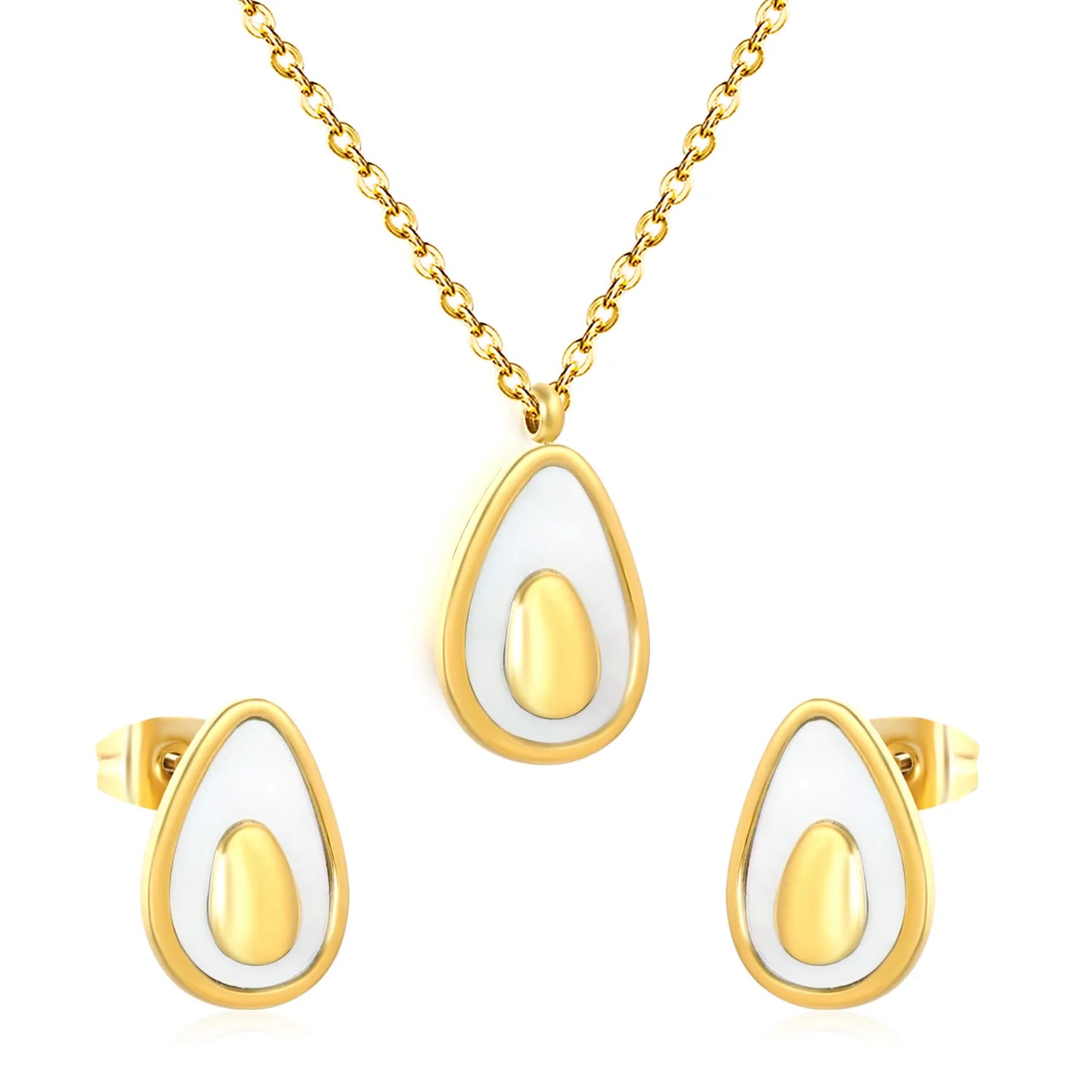 Avocado Enamel Necklace & Earring Set | Wholesale Bulk Order | 40+5cm | 18K Gold Plated| MOQ 12 | Stainless Steel Jewelry Set