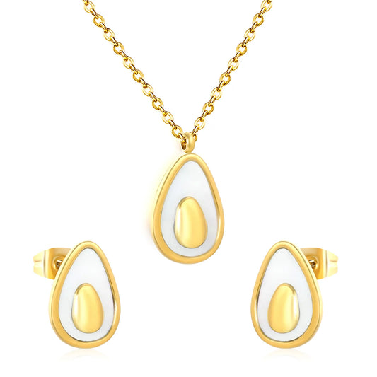 Avocado Enamel Necklace & Earring Set | Wholesale Bulk Order | 40+5cm | 18K Gold Plated| MOQ 12 | Stainless Steel Jewelry Set