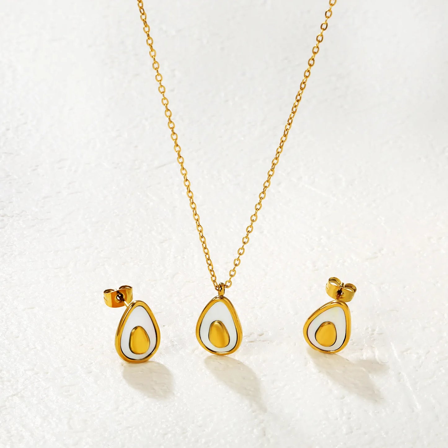 Avocado Enamel Necklace & Earring Set | Wholesale Bulk Order | 40+5cm | 18K Gold Plated| MOQ 12 | Stainless Steel Jewelry Set