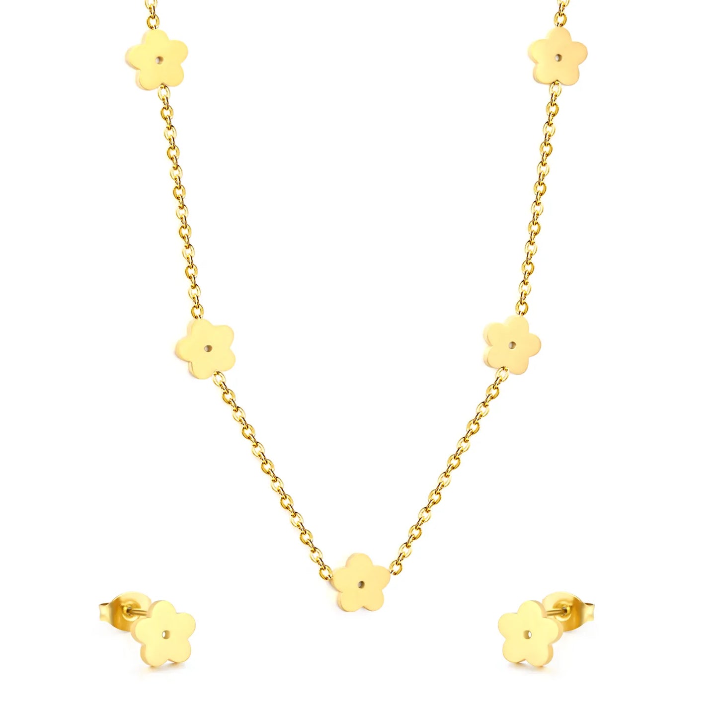Wholesale Bulk Order 40+5cm 18K Gold Plated Flower Charm Necklace & Earring Set | MOQ 12 | Stainless Steel Jewelry Set