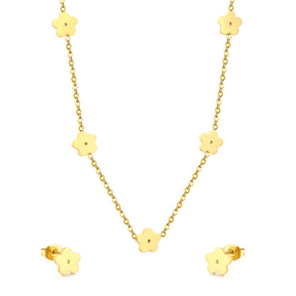 Wholesale Bulk Order 40+5cm 18K Gold Plated Flower Charm Necklace & Earring Set | MOQ 12 | Stainless Steel Jewelry Set