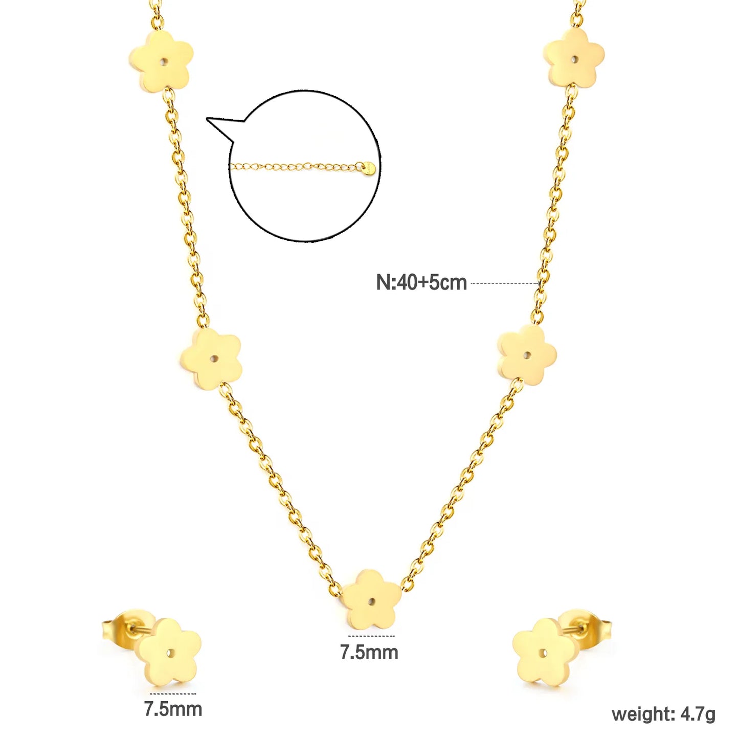 Wholesale Bulk Order 40+5cm 18K Gold Plated Flower Charm Necklace & Earring Set | MOQ 12 | Stainless Steel Jewelry Set