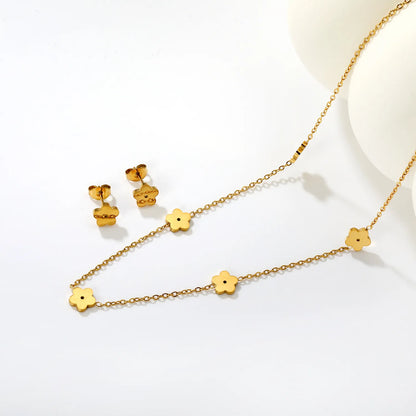 Wholesale Bulk Order 40+5cm 18K Gold Plated Flower Charm Necklace & Earring Set | MOQ 12 | Stainless Steel Jewelry Set