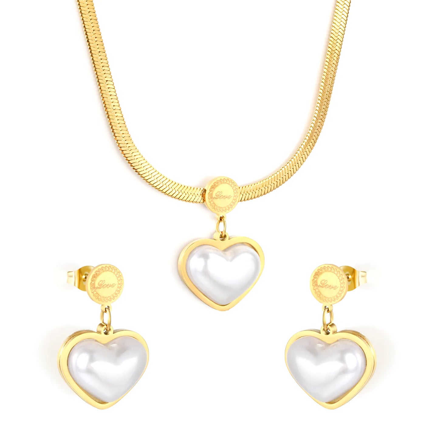 40+5cm 18K Gold Plated Pearl Heart Love Necklace & Earring Set | Wholesale Bulk Order | MOQ 12 | Stainless Steel Jewelry Set