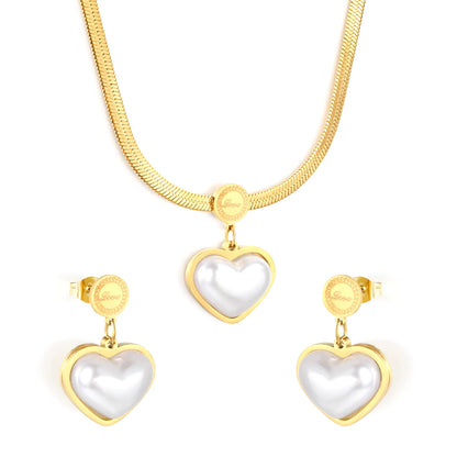 40+5cm 18K Gold Plated Pearl Heart Love Necklace & Earring Set | Wholesale Bulk Order | MOQ 12 | Stainless Steel Jewelry Set