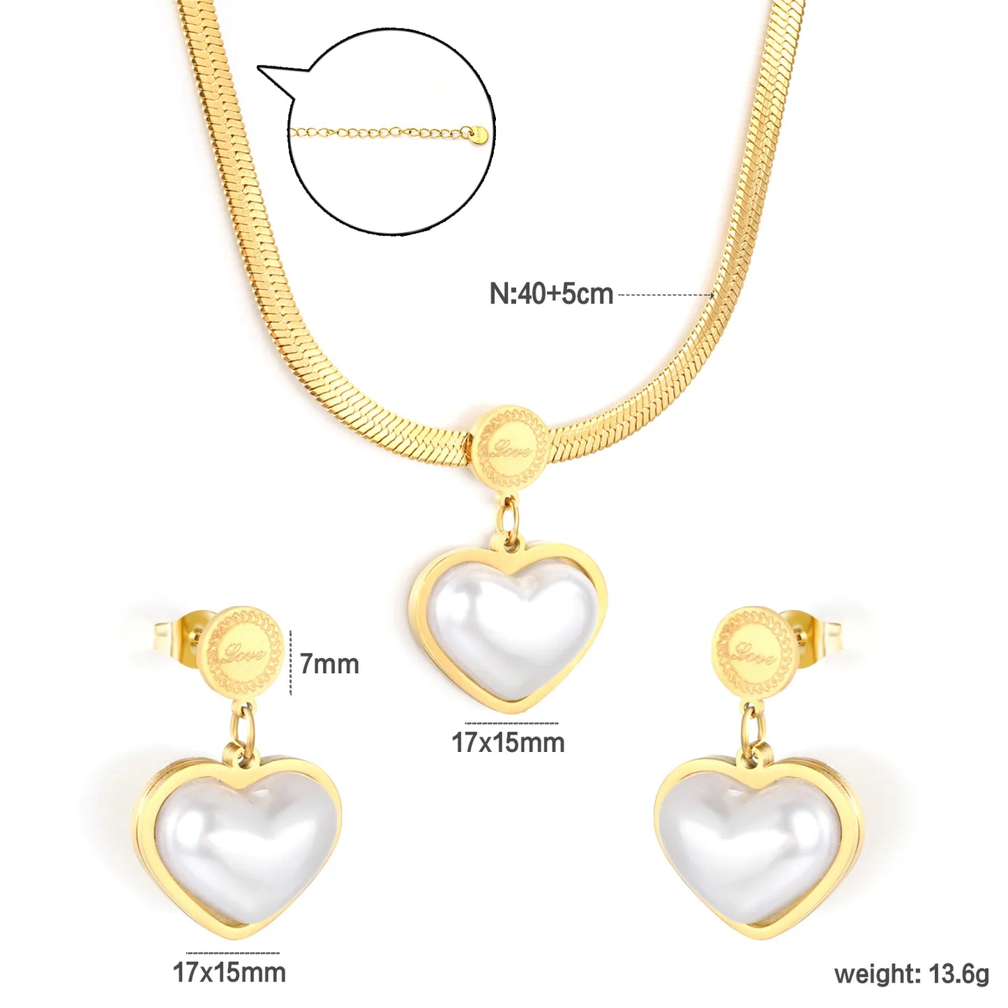 40+5cm 18K Gold Plated Pearl Heart Love Necklace & Earring Set | Wholesale Bulk Order | MOQ 12 | Stainless Steel Jewelry Set