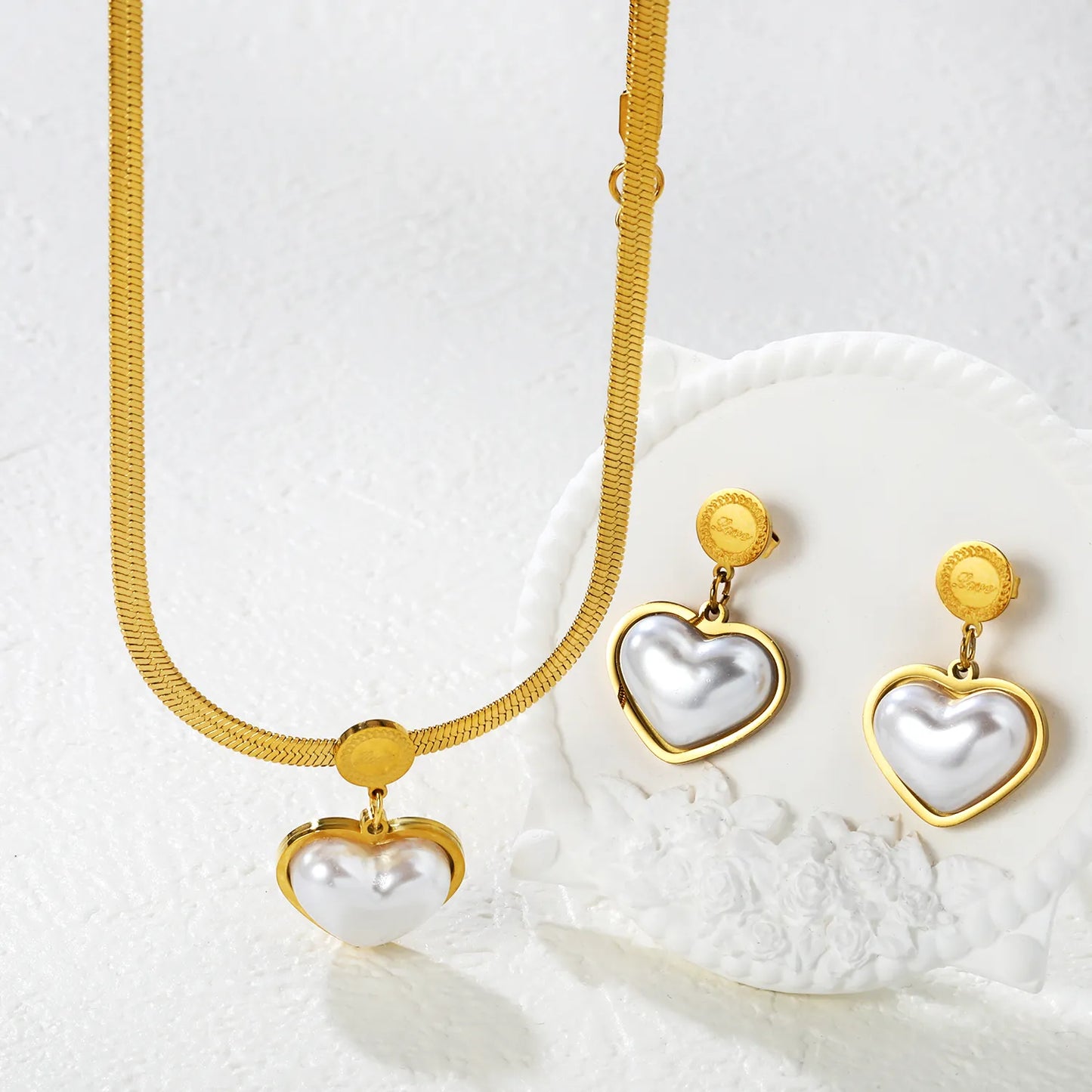 40+5cm 18K Gold Plated Pearl Heart Love Necklace & Earring Set | Wholesale Bulk Order | MOQ 12 | Stainless Steel Jewelry Set