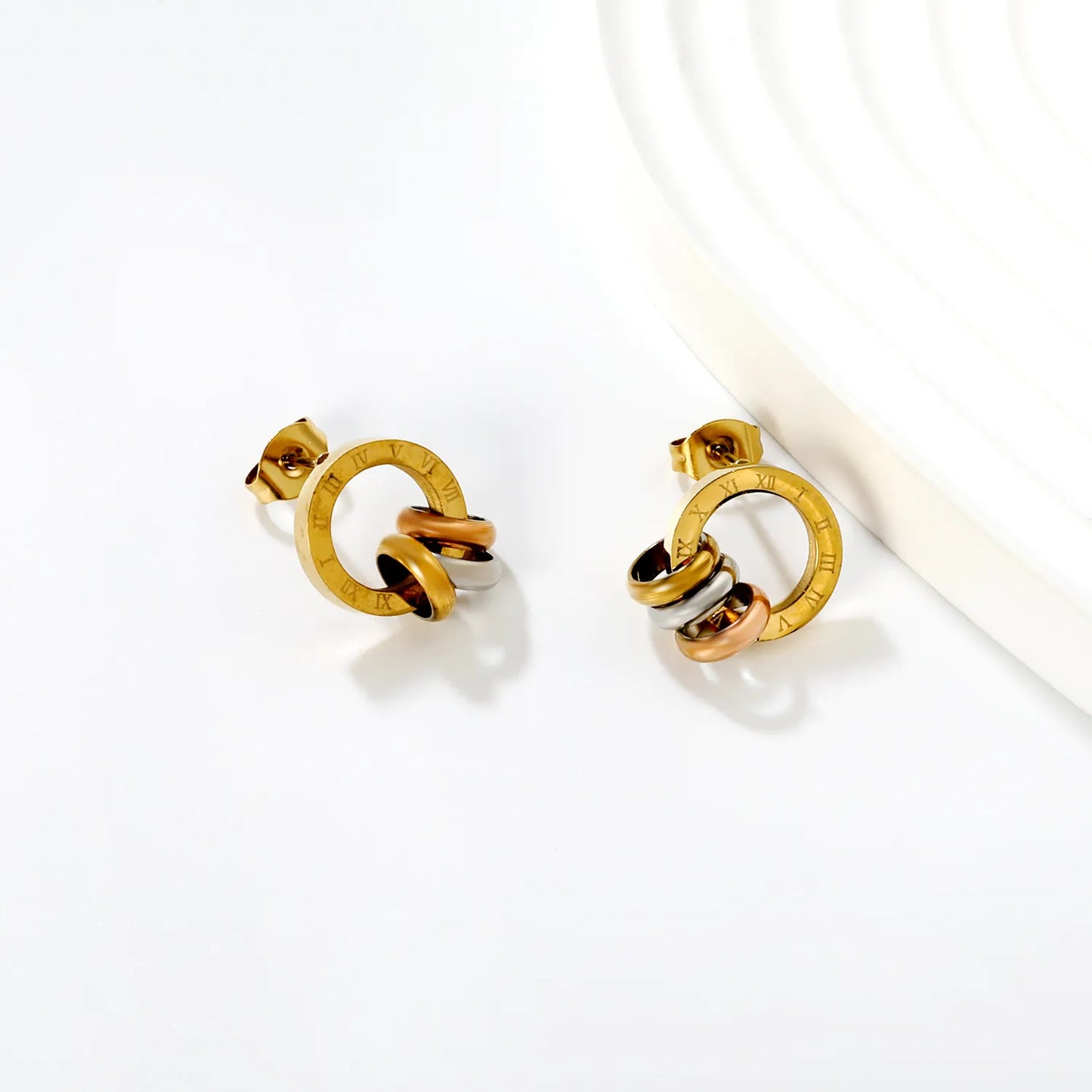 Wholesale 12mm Roman Numeral Circle Earrings | 18K Gold Plated | Gold & Silver Color Options | Hypoallergenic Stainless  Steel